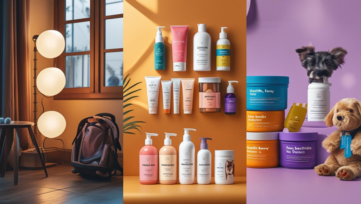 Collage of beauty products on a window sill, shelves, and a purple surface with a dog toy.